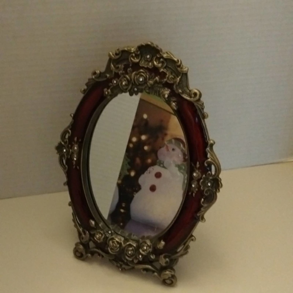 Antique Metal floral crystal  oval vanity mirror 9.5" tall Free standing
